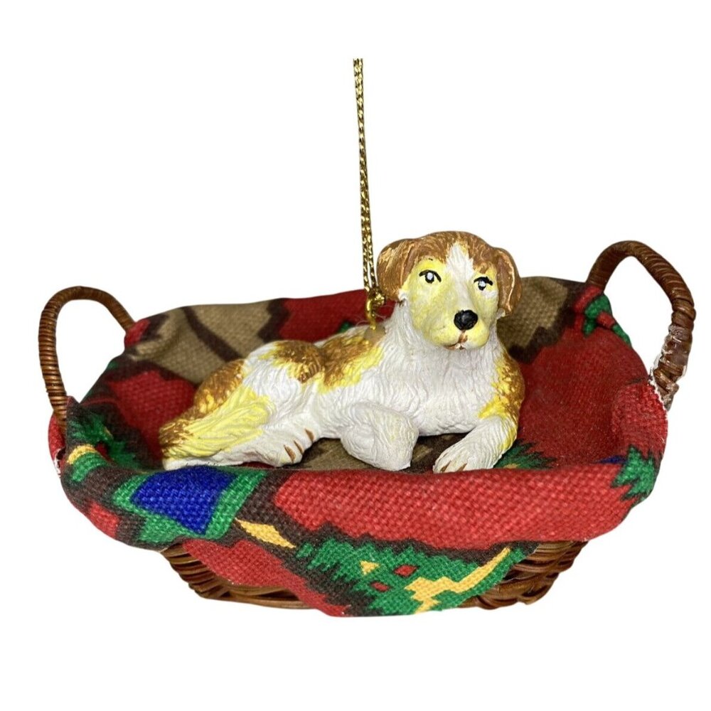Vintage Dog Figurine In Wicker Basket Ornament With Colorful Blanket